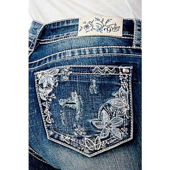 Grace in LA Women's Floral Embroidered Pockets Distressed Bootcut Stretch Jeans